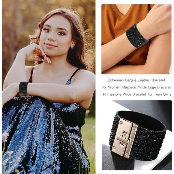 ✨ Long tiantian Bangle Bracelets Women BlackTrendy Boho Rhinestone Cuff Jewelry - Picture 7 of 8